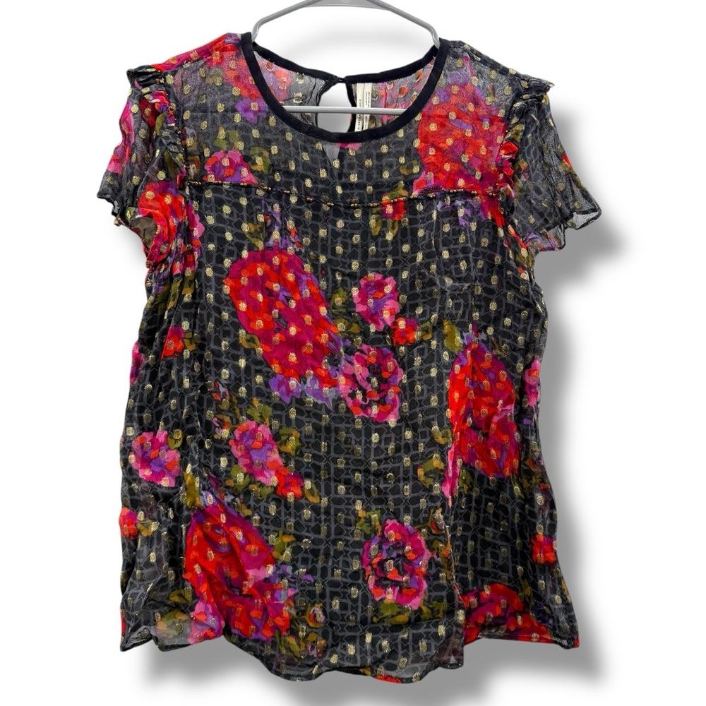 Anthropologie Black Multicolor Floral‎ Polka Dot Metallic Short Sleeve Top Sz 6